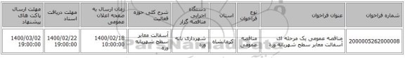 مناقصه عمومی یک مرحله ای آسفالت معابر سطح شهربانه وره 