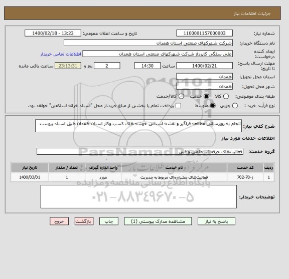 استعلام انجام به روزرسانی مطالعه فراگیر و نقشه استانی خوشه های کسب وکار استان همدان طبق اسناد پیوست 