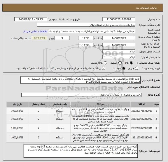 استعلام خرید اقلام درخواستی در لیست پیوستی که عبارتند از رایانه ومتعلقات ، ارت ،رادیو میکروتیک ،اسپیلت  با استفاده از اسناد خزانه با سر رسید 1402/10/25