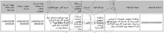 مناقصه عمومی همزمان با ارزیابی (فشرده) یک مرحله ای تهیه مصالح و اجرای خط تغذیه گاز زون 2 و 7 از فاز 4 منطقه ویژه اقتصادی پیام 