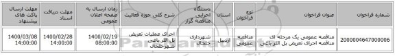 مناقصه عمومی یک مرحله ای مناقصه اجرای تعریض پل ائلر باغی 