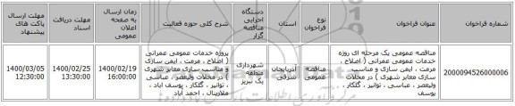 مناقصه عمومی یک مرحله ای روژه خدمات عمومی عمرانی ( اصلاح ، مرمت ، ایمن سازی و مناسب سازی معابر شهری ) در محلات ولیعصر ، عباسی ، توانیر ، گلکار ، یوسف 