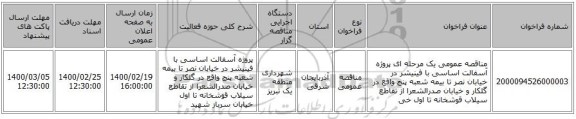 مناقصه عمومی یک مرحله ای پروژه آسفالت اساسی با فینیشر در خیابان نصر تا بیمه شعبه پنج واقع در گلکار و خیابان صدرالشعرا از تقاطع سیلاب قوشخانه تا اول خی