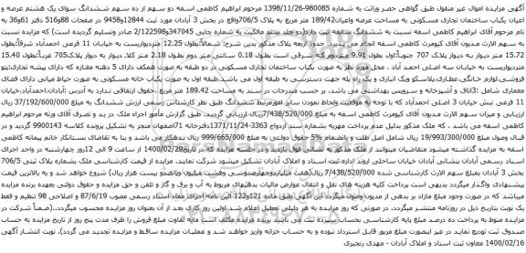 آگهی مزایده سهم از ده سهم ششدانگ سوای یک هشتم عرصه و اعیان یکباب ساختمان تجاری مسکونی به مساحت عرصه واعیان189/42 متر