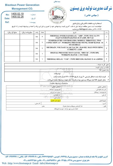 استعلام، استعلام خرید قطعات الکتریکی و ابزار دقیق 