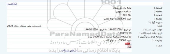 مناقصه خرید 55000 عدد انواع کلمپ