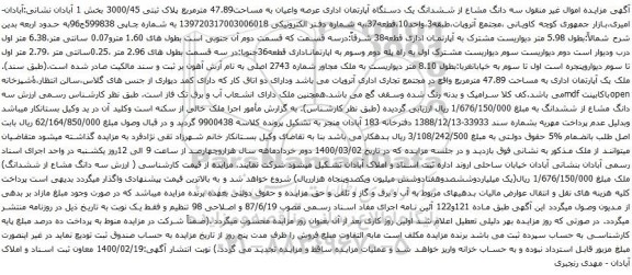 آگهی مزایده ششدانگ یک دستگاه آپارتمان اداری عرصه واعیان به مساحت47.89 مترمربع پلاک ثبتی 3000/45