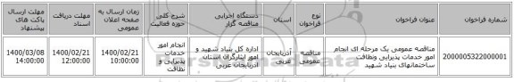 مناقصه عمومی یک مرحله ای انجام امور خدمات پذیرایی ونظافت ساختمانهای بنیاد شهید