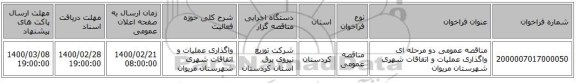 مناقصه عمومی دو مرحله ای  واگذاری عملیات و اتفاقات شهری شهرستان مریوان