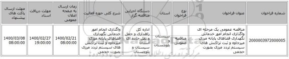 مناقصه عمومی یک مرحله ای واگذاری انجام امور خدماتی نگهداری فضاهای پایانه مرزی میرجاوه و ثبت تراکنش های سیستم تردد مرزی بصورت حجمی