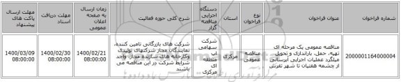 مناقصه عمومی یک مرحله ای تهیه، حمل، باراندازی و تحویل میلگرد عملیات اجرایی آبرسانی از چشمه هفتیان تا شهر تفرش 