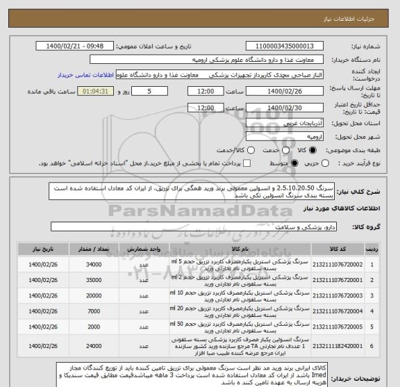 استعلام سرنگ 2،5،10،20،50 و انسولین معمولی برند ورید همگی برای تزریق، از ایران کد معادل استفاده شده است بسته بندی سرنگ انسولین تکی باشد