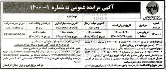 مزایده فروش مس اسقاط نوبت دوم 