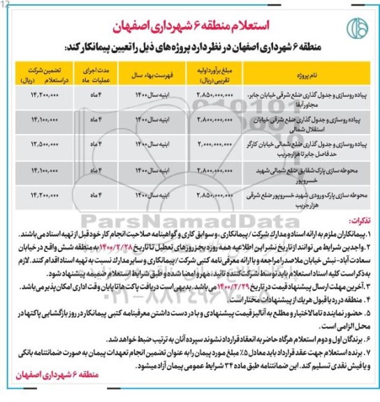 استعلام پیاده روسازی و جدول گذاری ضلع شرقی  .....