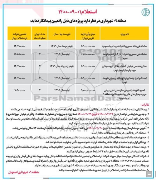 مزایده،استعلام ساماندهی بدنه مسیر پیاده راه غرب و...