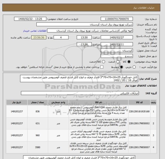 استعلام کابل خودنگهدار 25+16+70+70*3 فشار ضعیف و انواع کابل فشار ضعیف آلومینیومی طبق مشخصان پیوست اوراق 16 / 03 / 1402 