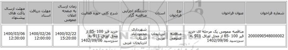 مناقصه عمومی یک مرحله ای خرید قیر 100 -85 از محل اوراق 911 به سررسید 1402/09/06