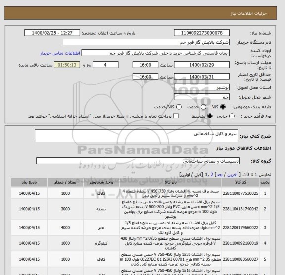 استعلام سیم و کابل ساختمانی