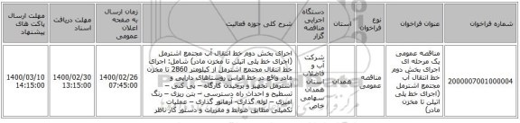 مناقصه عمومی یک مرحله ای اجرای بخش دوم خط انتقال آب مجتمع اشترمل (اجرای خط پلی اتیلن تا مخزن مادر)