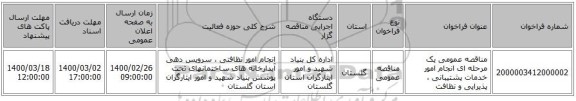 مناقصه عمومی یک مرحله ای انجام امور خدمات پشتیبانی ، پذیرایی و نظافت