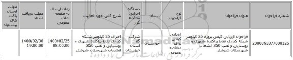 فراخوان ارزیابی کیفی پروژه 25 کیلومتر شبکه کذاری نقاط پراکنده  شهری  و روستایی و نصب 350 انشعاب شهرستان شوشتر