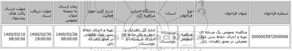 مناقصه عمومی یک مرحله ای تهیه و اجرای حفاظ بتنی بلوک مفصلی در محور زاهدان- زابل