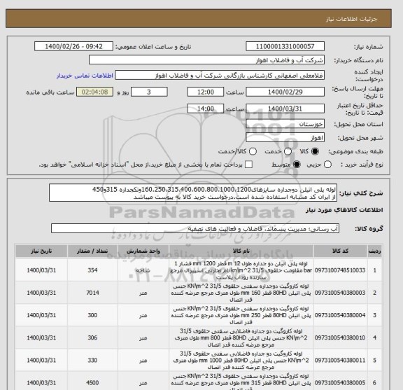 استعلام لوله پلی اتیلن دوجداره سایزهای160،250،315،400،600،800،1000،1200وتکجداره 315و450
از ایران کد مشابه استفاده شده است.درخواست خرید کالا به پیوست میباشد