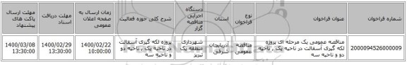 مناقصه عمومی یک مرحله ای پروژه لکه گیری آسفالت در ناحیه یک , ناحیه دو  و  ناحیه سه