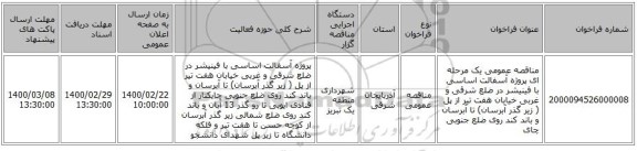 مناقصه عمومی یک مرحله ای پروژه آسفالت اساسی با فینیشر در ضلع شرقی و غربی خیابان هفت تیر از پل ( زیر گذر آبرسان) تا آبرسان و باند کند روی ضلع جنوبی چای