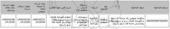 مناقصه عمومی یک مرحله ای حفظ و نگهداری فضای سبز و سرویسهای بهداشتی ناحیه الف شهر یاسوج 