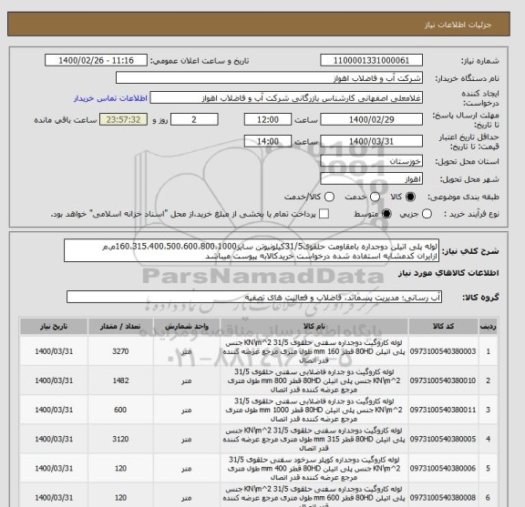 استعلام لوله پلی اتیلن دوجداره بامقاومت حلقوی31/5کیلونیوتن سایز160،315،400،500،600،800،1000م.م
ازایران کدمشابه استفاده شده درخواست خریدکالابه پیوست میباشد