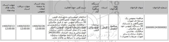 مناقصه عمومی یک مرحله ای امورات تعمیرگاهی و بازسازی 30 دستگاه اتوبوس خود از قبیل مکانیکی ، صافکاری ،نقاشی ،باطری سازی و سایر امورات مرتبط با تعمیرات ا