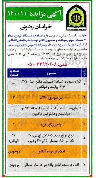 مزایده تعداد 88 دستگاه خودرو