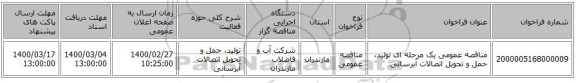 مناقصه عمومی یک مرحله ای تولید، حمل و تحویل اتصالات آبرسانی 