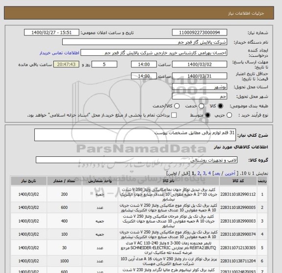 استعلام 31 قلم لوازم برقی مطابق مشخصات پیوست