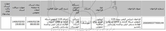 فراخوان ارزیابی کیفی پروژه 115 کیلومتر شبکه گذاری و 1500 انشعاب فولادی و پلی اتیلن پراکنده روستایی رامشیر