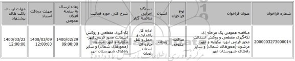 مناقصه عمومی یک مرحله ای لکه‌گیری مقطعی و روکش آسفالت محور فرعی ابهر- نیکوئیه و ابهر- مرشون (محورهای شمال) و سایر راه‌های شهرستان ابهر