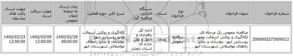 مناقصه عمومی یک مرحله ای لکه‌گیری و روکش آسفالت محور روستایی ابهر- دولت‌آباد و سایر راه‌های مواصلاتی شهرستان ابهر