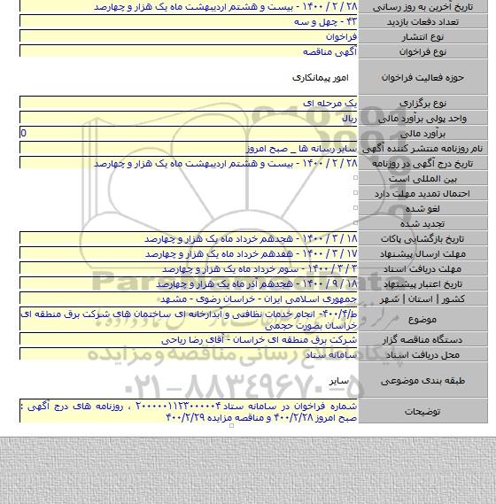 ط/۴۰۰/۴- انجام خدمات نظافتی و آبدارخانه ای ساختمان های شرکت برق منطقه ای خراسان بصورت حجمی