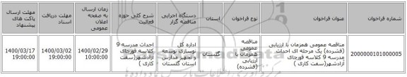 مناقصه عمومی همزمان با ارزیابی (فشرده) یک مرحله ای احداث مدرسه 9 کلاسه قورچای آزادشهر(سفت کاری )