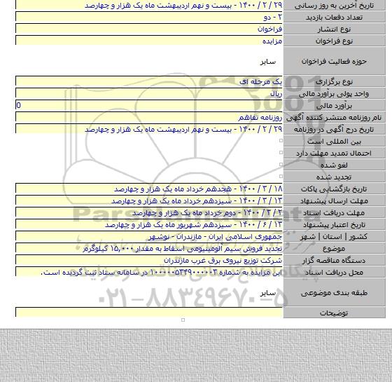 تجدید فروش سیم آلومینیومی اسقاط به مقدار ۱۵,۰۰۰ کیلوگرم