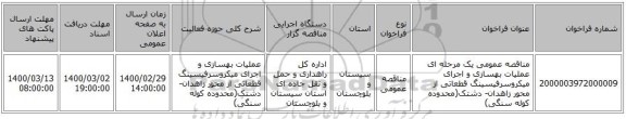 مناقصه عمومی یک مرحله ای عملیات بهسازی و اجرای میکروسرفیسینگ قطعاتی از محور زاهدان- دشتک(محدوده کوله سنگی)