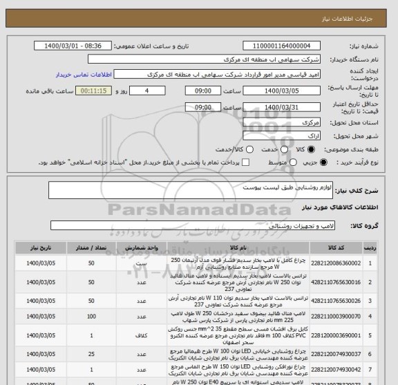 استعلام لوازم روشنایی طبق لیست پیوست 