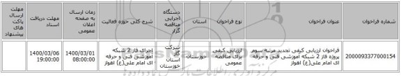 فراخوان ارزیابی کیفی تجدید مرتبه سوم پروژه فاز 2 شبکه آموزشی فنی و حرفه ای امام علی(ع) اهواز