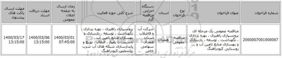 مناقصه عمومی یک مرحله ای برونسپاری راهبری ، بهره برداری ، نگهداشت ، توسعه ، بازسازی و بهسازی منابع تامین آب  و ... روستایی کبودراهنگ