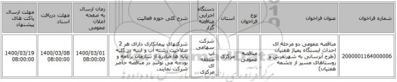 مناقصه عمومی دو مرحله ای احداث ایستگاه پمپاژ هفتیان (طرح آبرسانی به شهرتفرش و روستاهای مسیر از چشمه هفتیان)