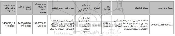 مناقصه عمومی یک مرحله ای تأمین بخشی از انجام امور خدمات و پشتیبانی اداره کل تعاون، کارورفاه اجتماعی استان مازندران 