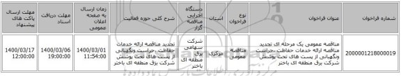 مناقصه عمومی یک مرحله ای تجدید مناقصه ارائه خدمات حفاظت ،حراست ونگهبانی از پست های تحت پوشش شرکت برق منطقه ای باختر 