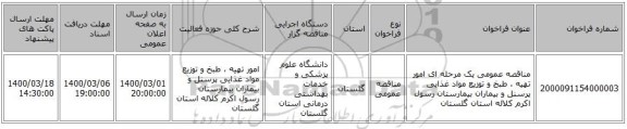 مناقصه عمومی یک مرحله ای امور تهیه ، طبخ و توزیع مواد غذایی پرسنل و بیماران بیمارستان رسول اکرم کلاله استان گلستان