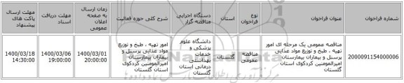 مناقصه عمومی یک مرحله ای امور تهیه ، طبخ و توزیع مواد غذایی پرسنل و بیماران بیمارستان امیرالمومنین کردکوی استان گلستان